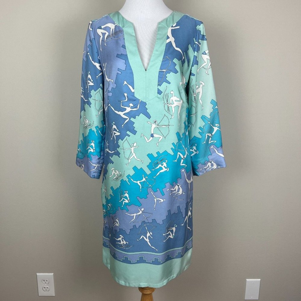 J. McLaughlin Aqua, Teal & Blue Silk Tunic Dress